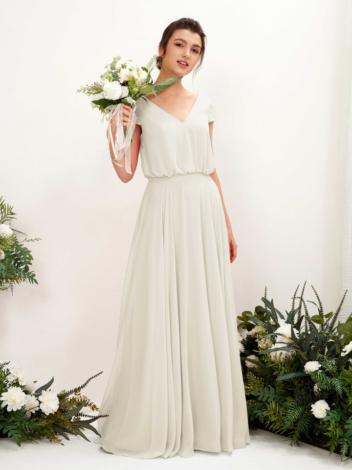 V-neck Cap Sleeves Chiffon Bridesmaid Dress - Ivory (81221826)