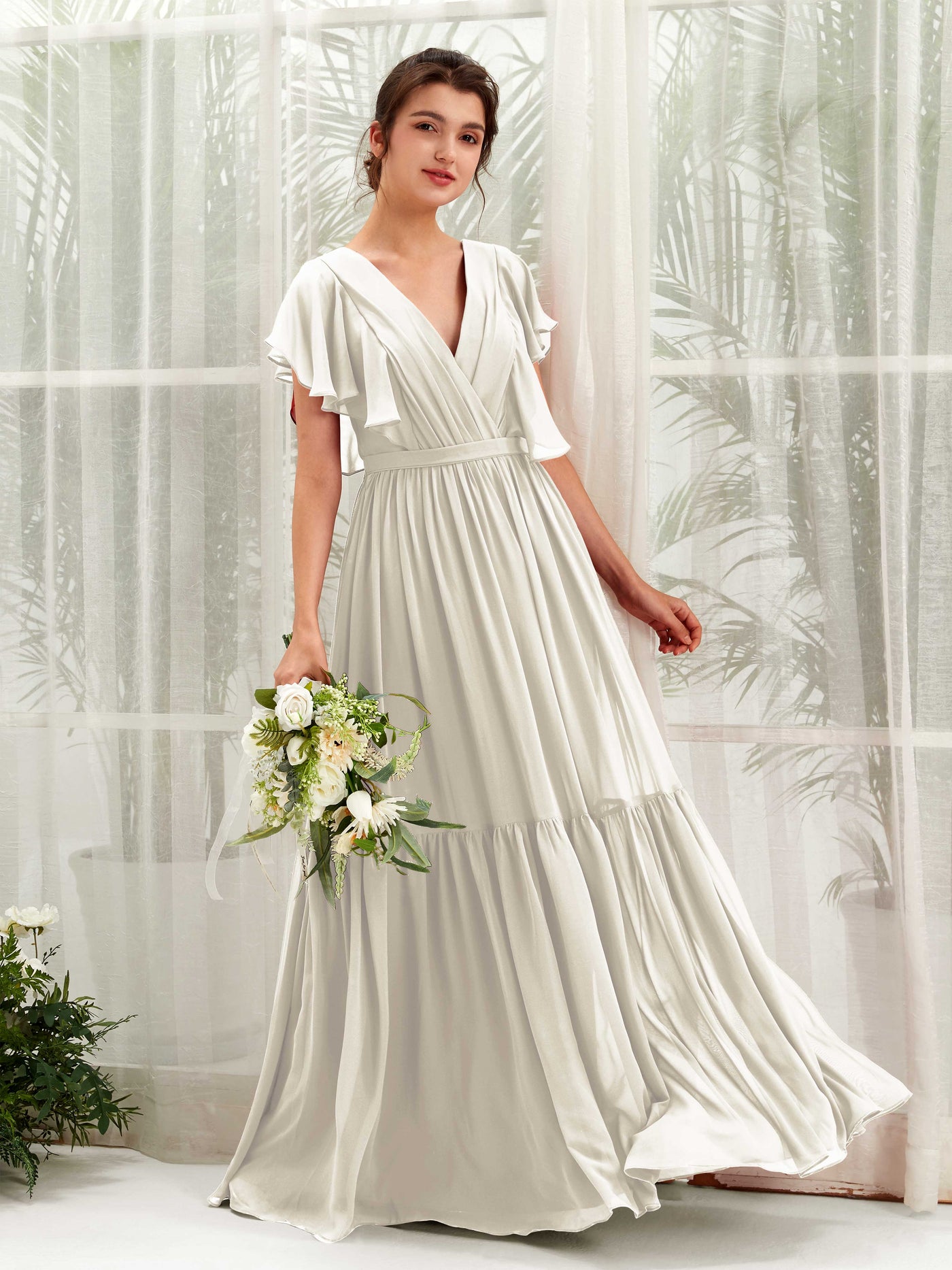 V-neck Cap Sleeves Chiffon Bridesmaid Dress - Ivory (81225926)#color_ivory