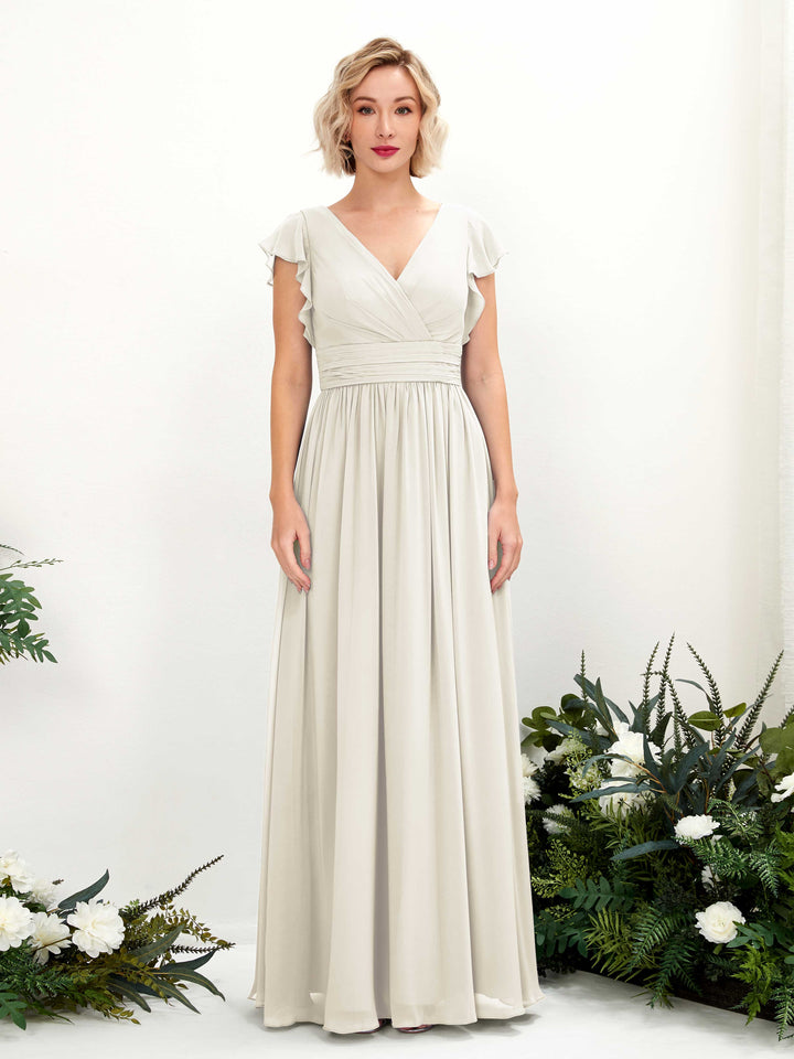 V-neck Short Sleeves Chiffon Bridesmaid Dress - Ivory (81222726)