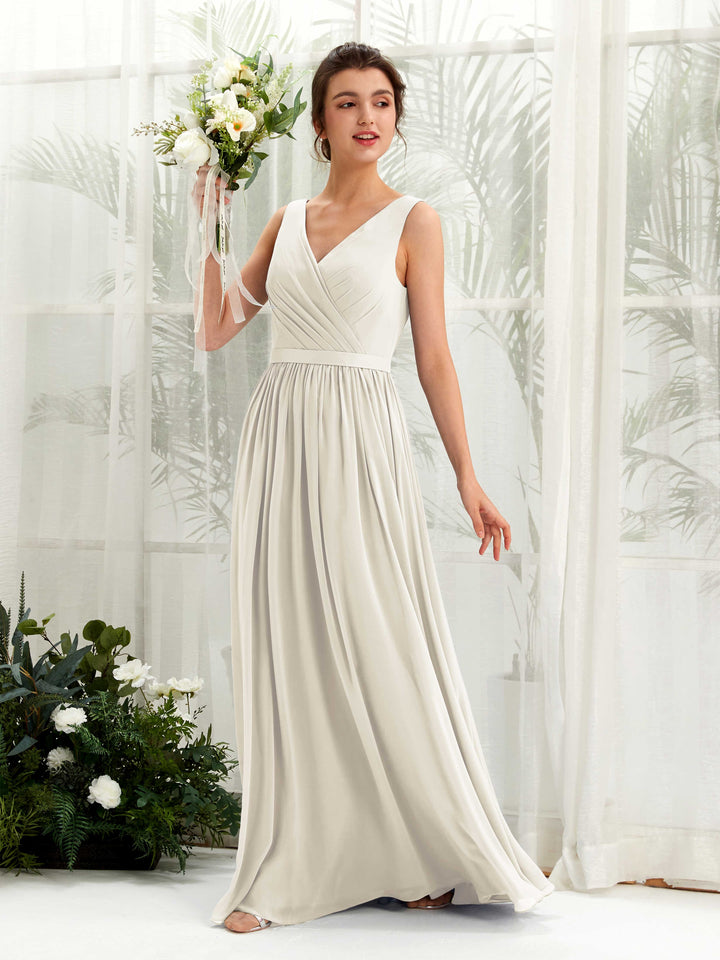 V-neck Sleeveless Chiffon Bridesmaid Dress - Ivory (81223626)