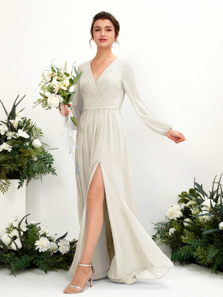 V-neck Long Sleeves Chiffon Bridesmaid Dress - Ivory (81223826)