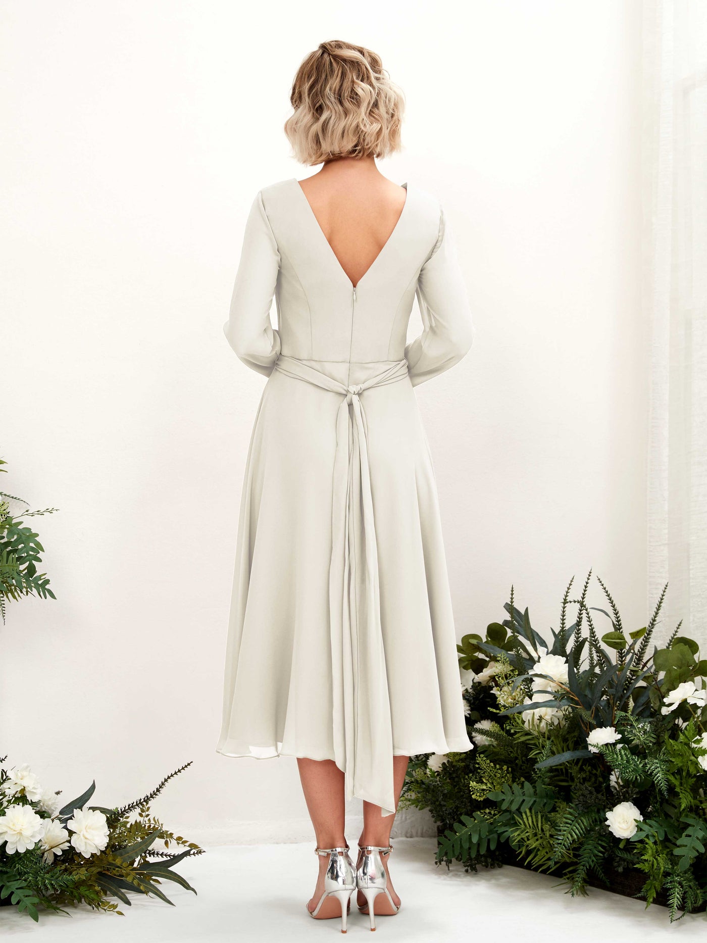 Carlyna Joanna A-Line Ivory Bridesmaid Dress Midi Long Sleeve V-Neck  #color_ivory