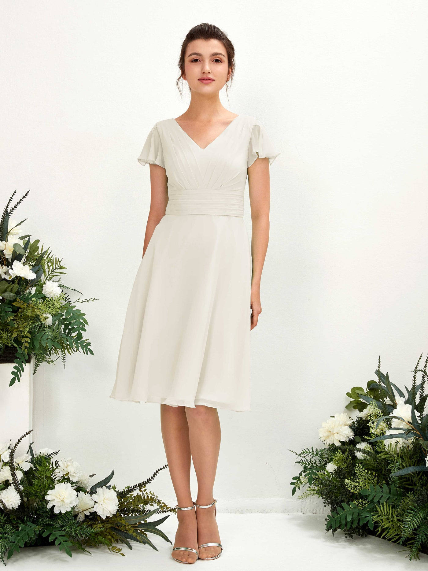 V-neck Short Sleeves Chiffon Bridesmaid Dress - Ivory (81220226)#color_ivory