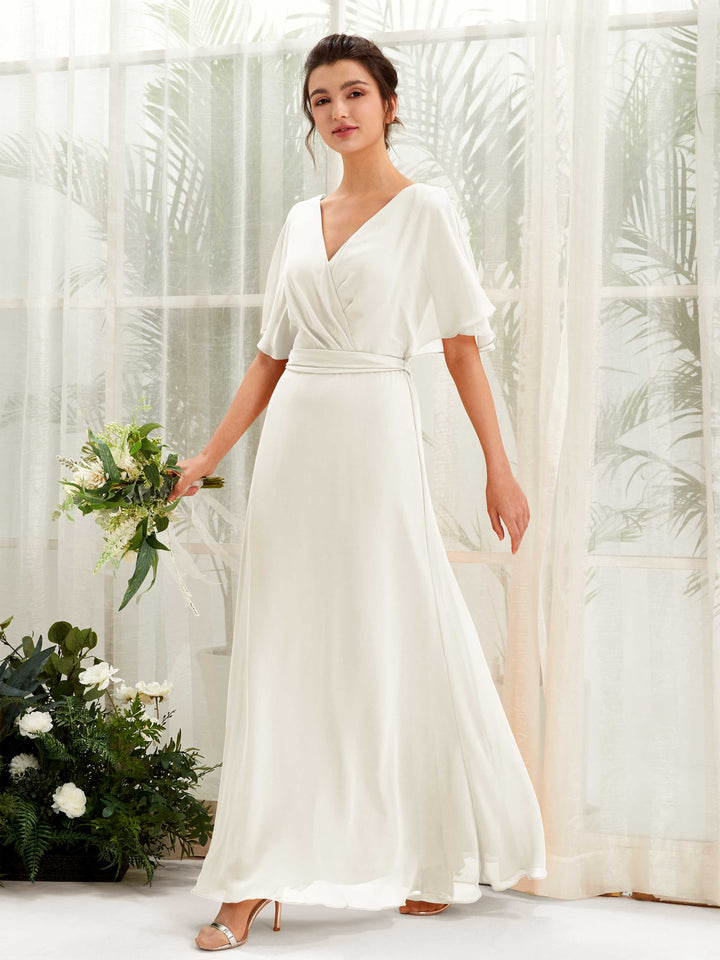 V-neck Short Sleeves Chiffon Bridesmaid Dress - Ivory (81222426)