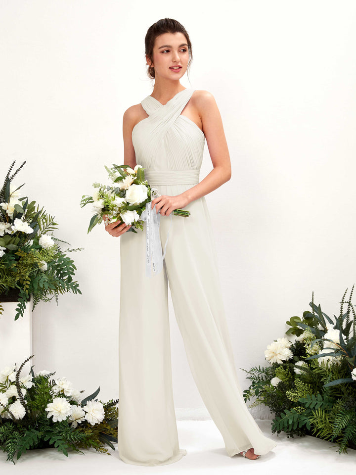 V-neck Sleeveless Chiffon Bridesmaid Dress Wide-Leg Jumpsuit - Ivory (81220726)