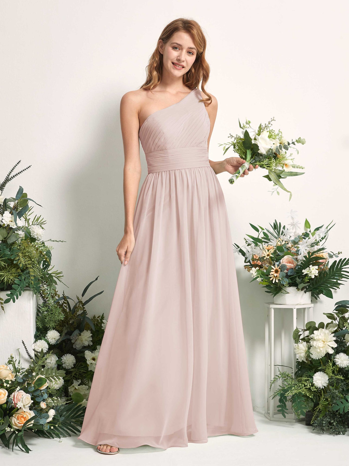 Bridesmaid Dress A-line Chiffon One Shoulder Full Length Sleeveless Wedding Party Dress - Biscotti (81226735)#color_biscotti