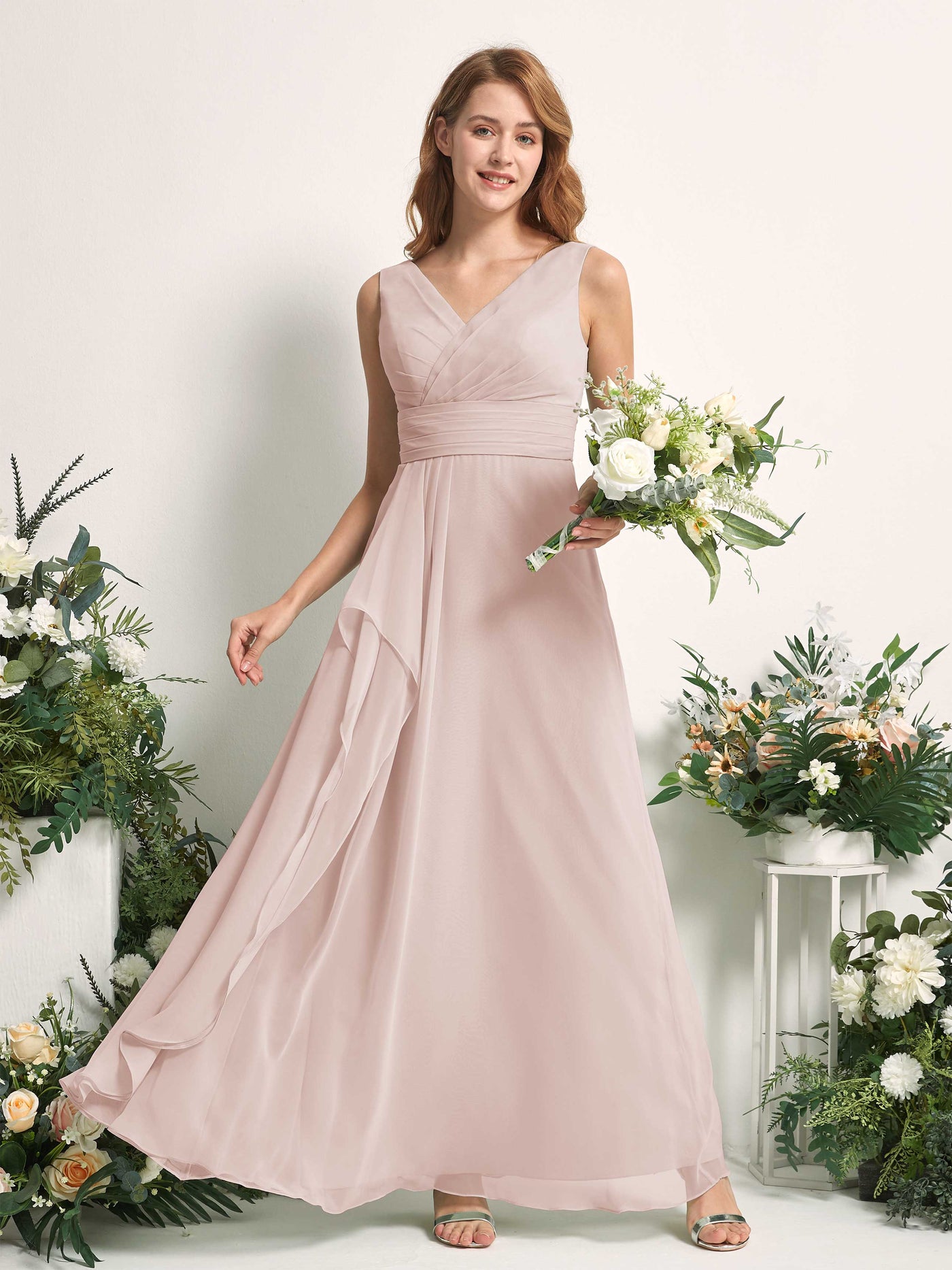 Carlyna Mollie A-Line Biscotti Bridesmaid Dress Maxi Sleeveless V-Neck Dress #color_biscotti