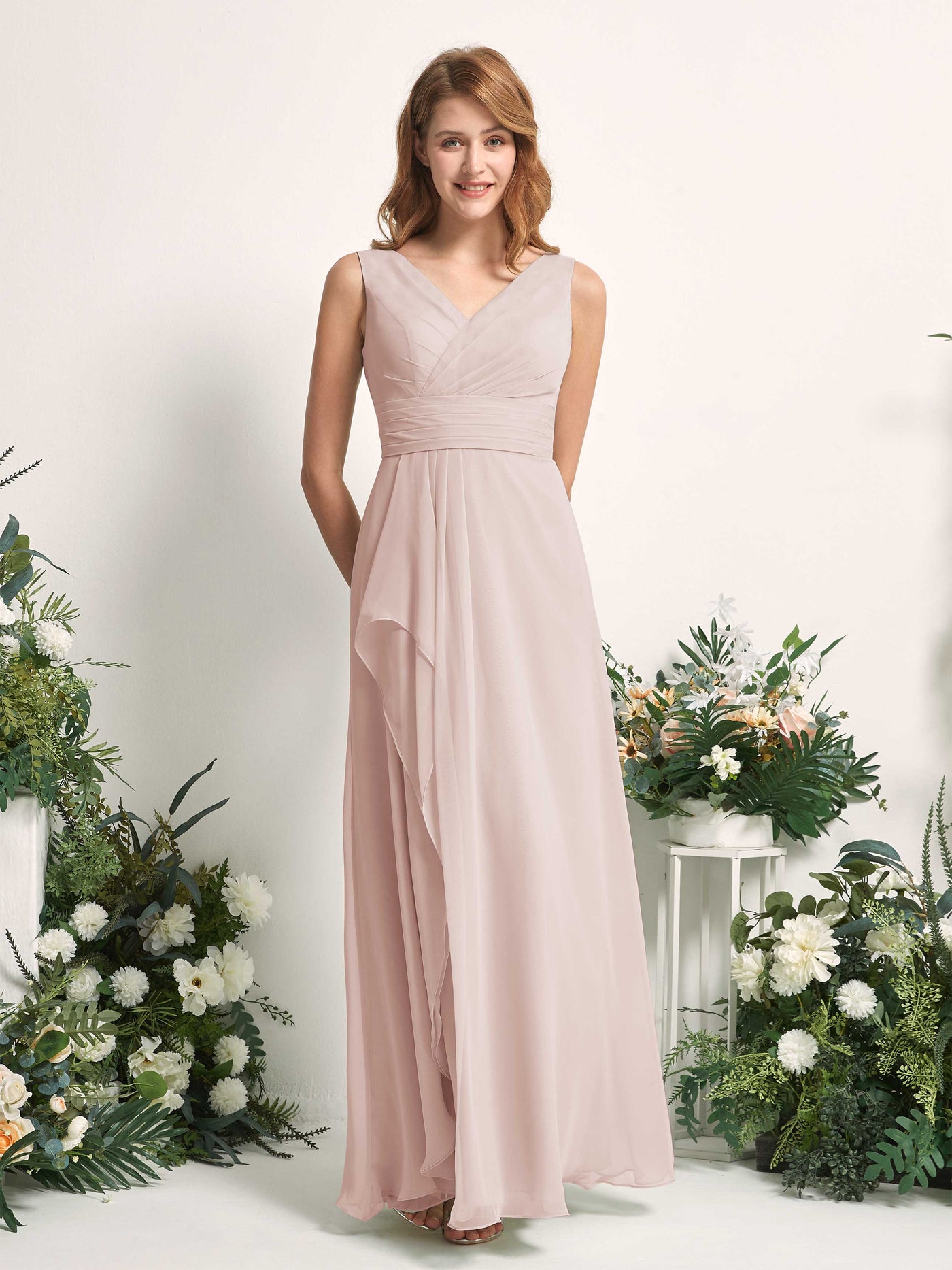 Carlyna Mollie A-Line Biscotti Bridesmaid Dress Maxi Sleeveless V-Neck Dress #color_biscotti