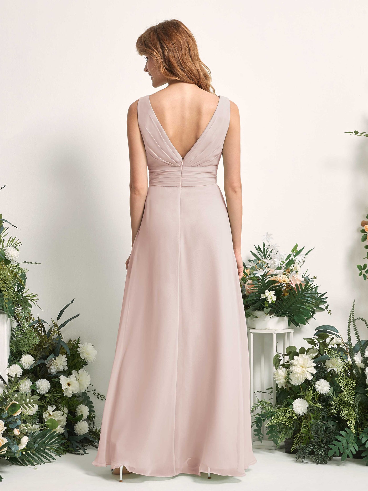 Carlyna Mollie A-Line Biscotti Bridesmaid Dress Maxi Sleeveless V-Neck Dress #color_biscotti