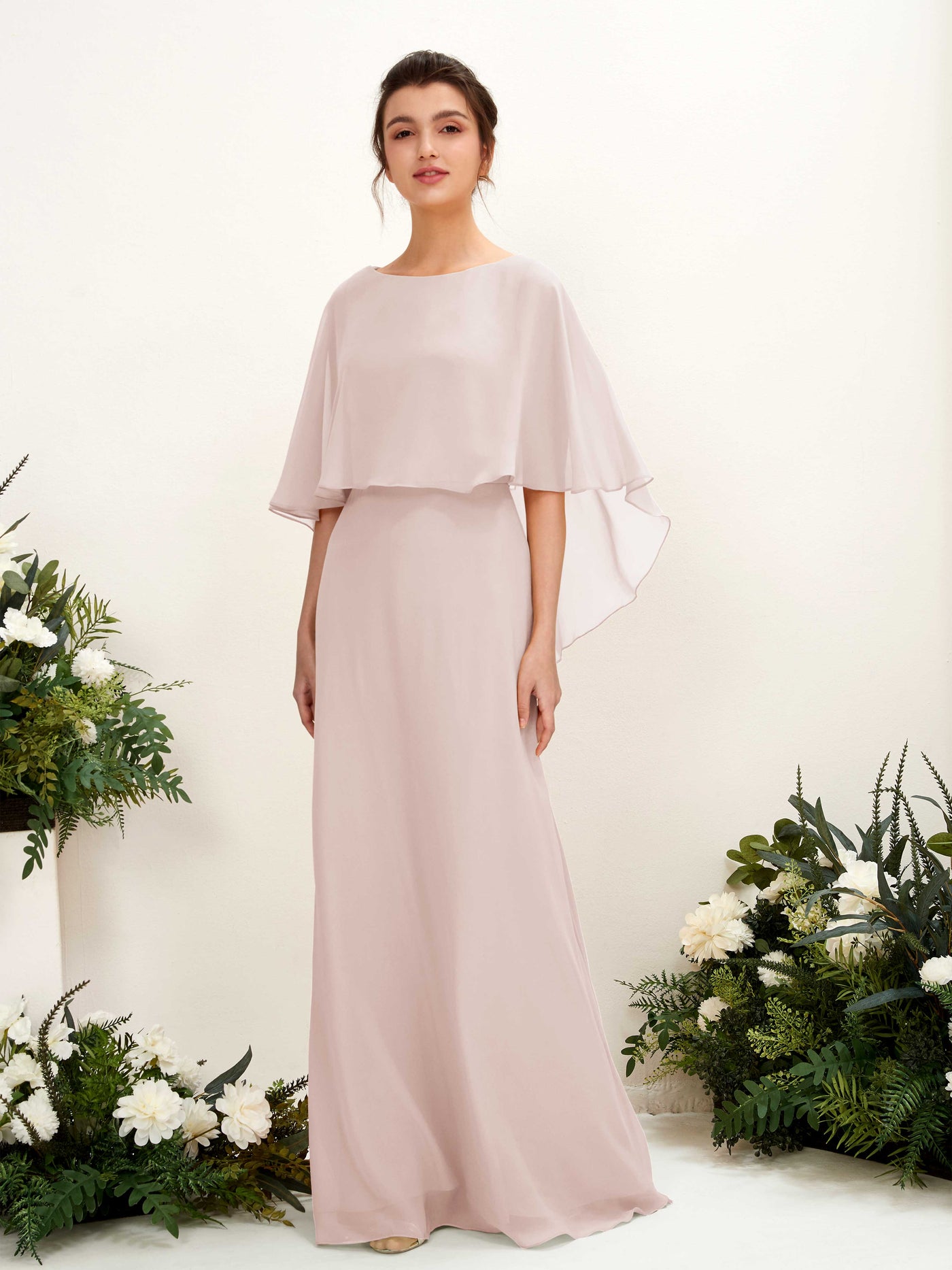 Carlyna Savin Sheath Biscotti Bridesmaid Dress Maxi Cap Sleeve Boat Neck Dress #color_biscotti