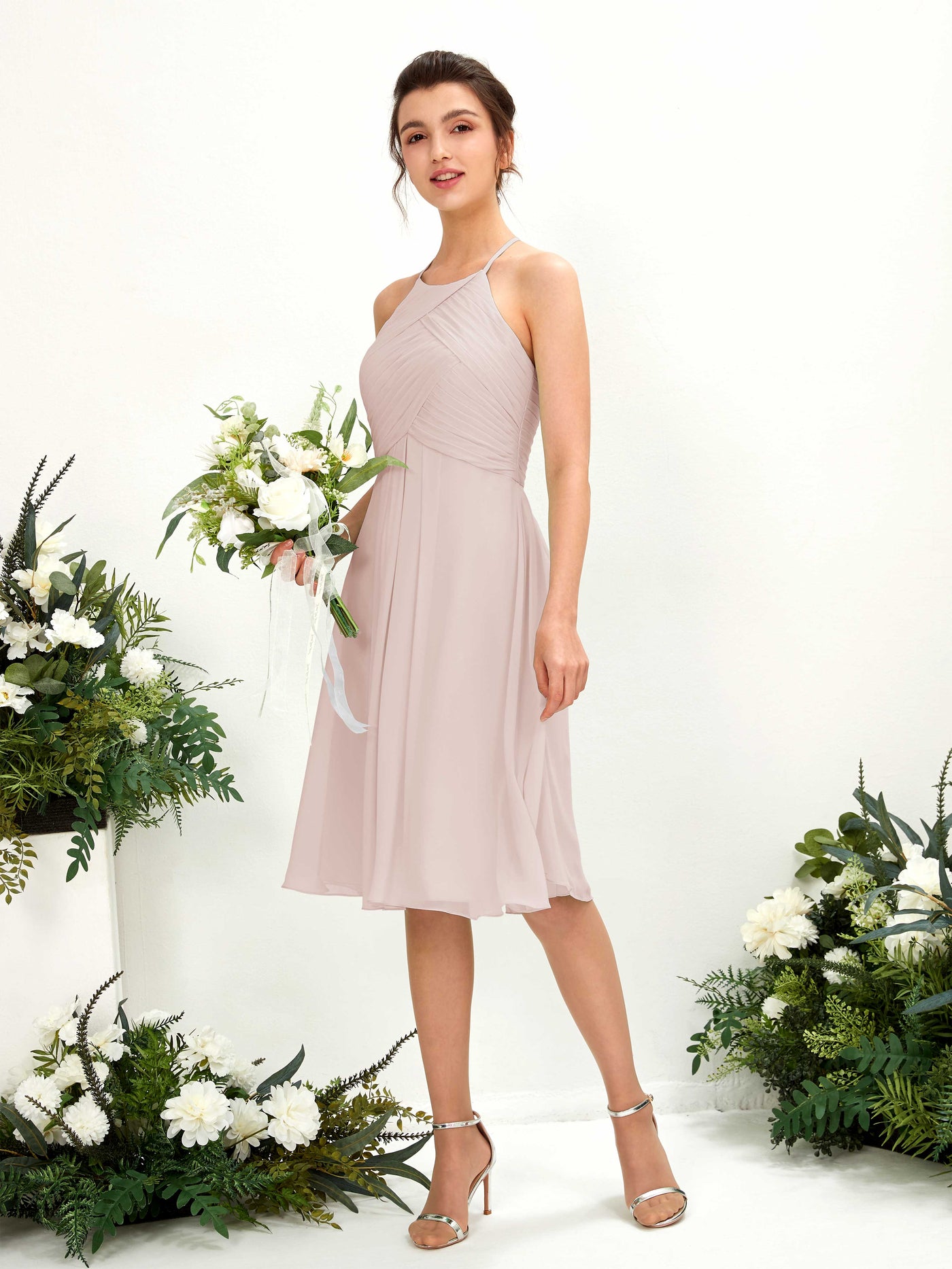 A-line Halter Sleeveless Chiffon Bridesmaid Dress - Biscotti (81220435)#color_biscotti