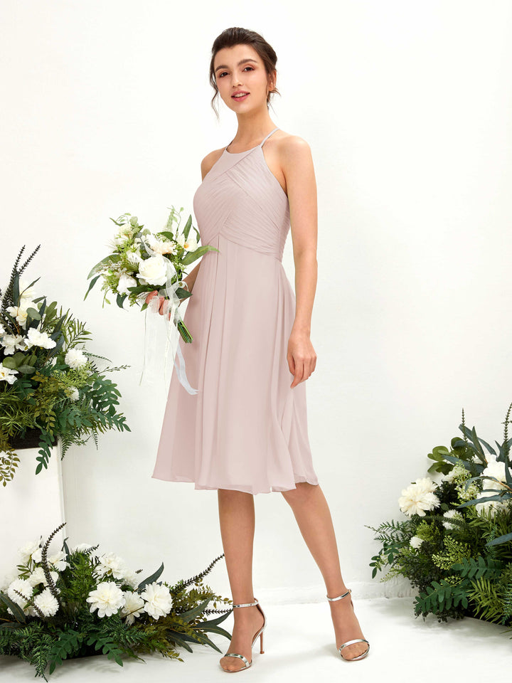 A-line Halter Sleeveless Chiffon Bridesmaid Dress - Biscotti (81220435)