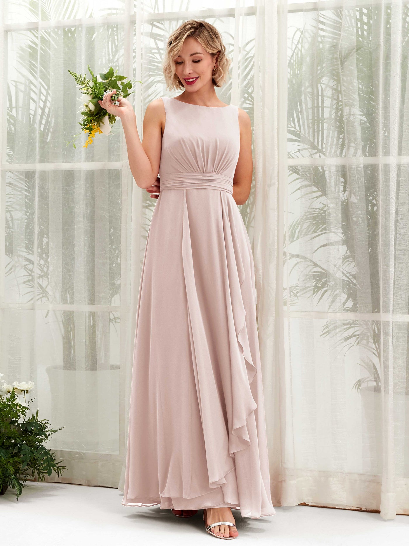 A-line Bateau Sleeveless Chiffon Bridesmaid Dress - Biscotti (81225835)#color_biscotti