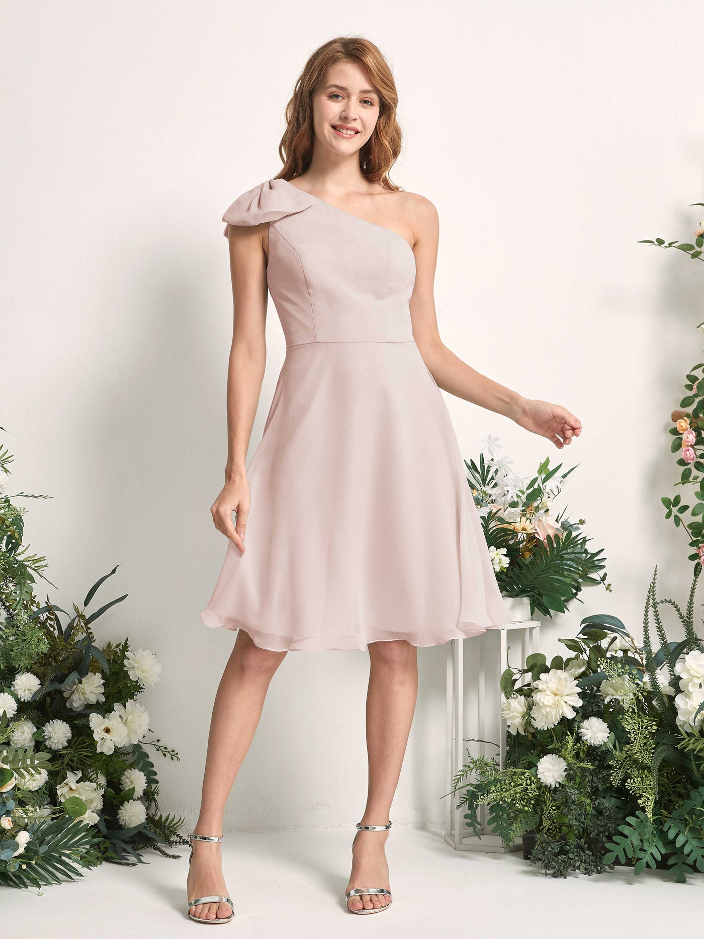 Carlyna Brenda A-Line Biscotti Bridesmaid Dress Knee-Length Sleeveless One Shoulder Dress #color_biscotti