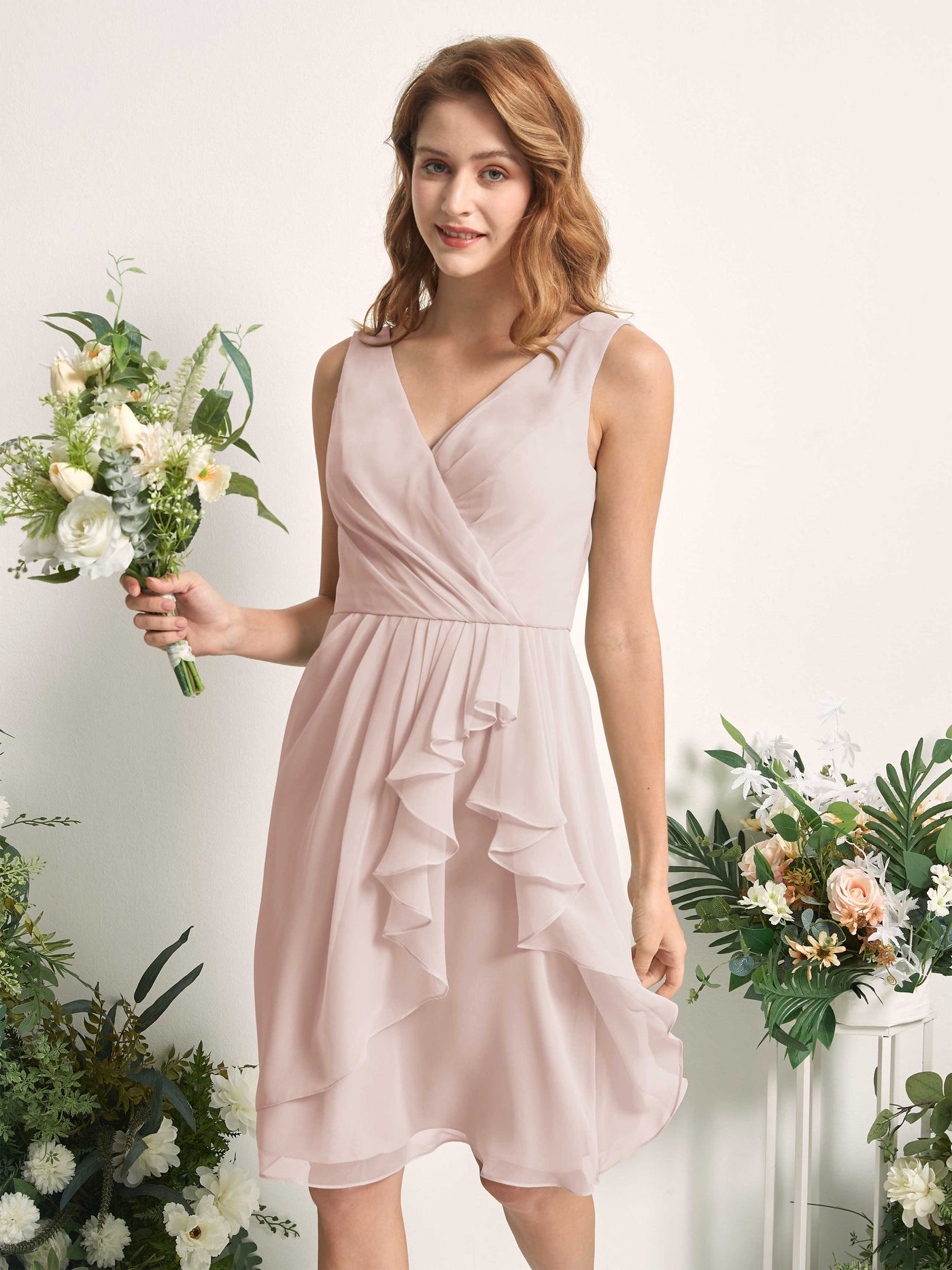 Bridesmaid Dress A-line Chiffon Straps Knee Length Sleeveless Wedding Party Dress - Biscotti (81226635)#color_biscotti