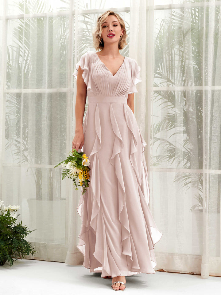 Carlyna Cynthia A-Line Biscotti Bridesmaid Dress Maxi Cap Sleeve V-Neck Dress 