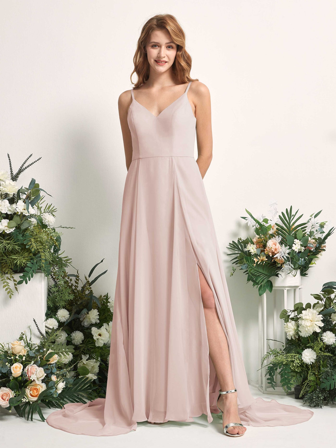 Bridesmaid Dress A-line Chiffon Spaghetti-straps Full Length Sleeveless Wedding Party Dress - Biscotti (81227735)#color_biscotti