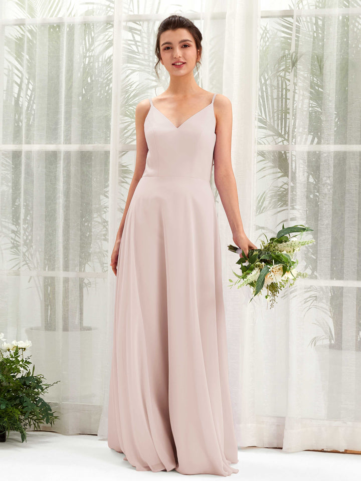 A-line Spaghetti-straps V-neck Sleeveless Chiffon Bridesmaid Dress - Biscotti (81220635)