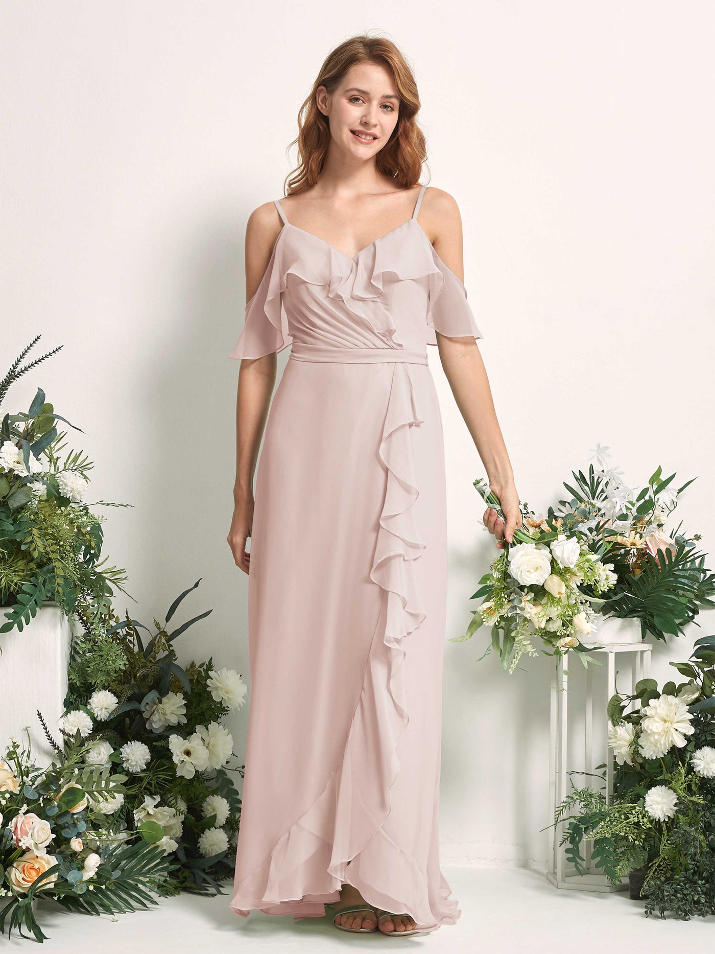 Carlyna Yvette A-Line Biscotti Bridesmaid Dress Maxi Sleeveless V-Neck Dress #color_biscotti