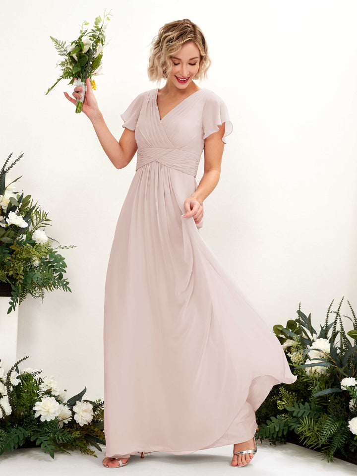 Carlyna Tolly A-Line Biscotti Bridesmaid Dress Maxi Cap Sleeve V-Neck Dress 