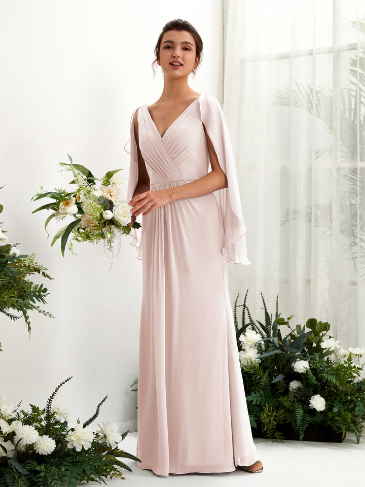Carlyna Alain A-Line Biscotti Bridesmaid Dress Maxi Cap Sleeve V-Neck Dress 