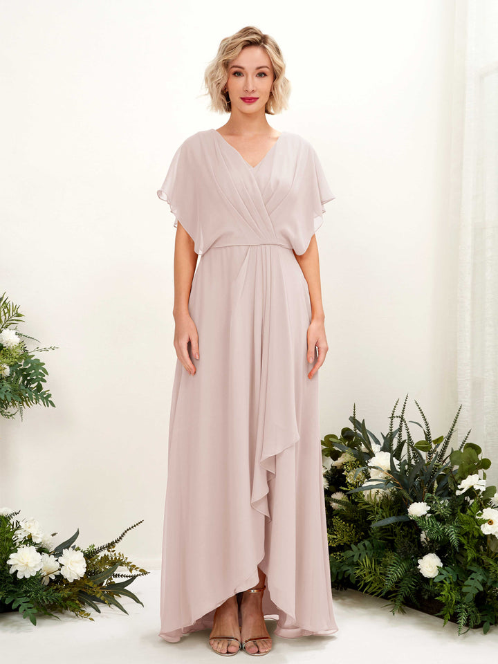 A-line V-neck Short Sleeves Chiffon Bridesmaid Dress - Biscotti (81222135)