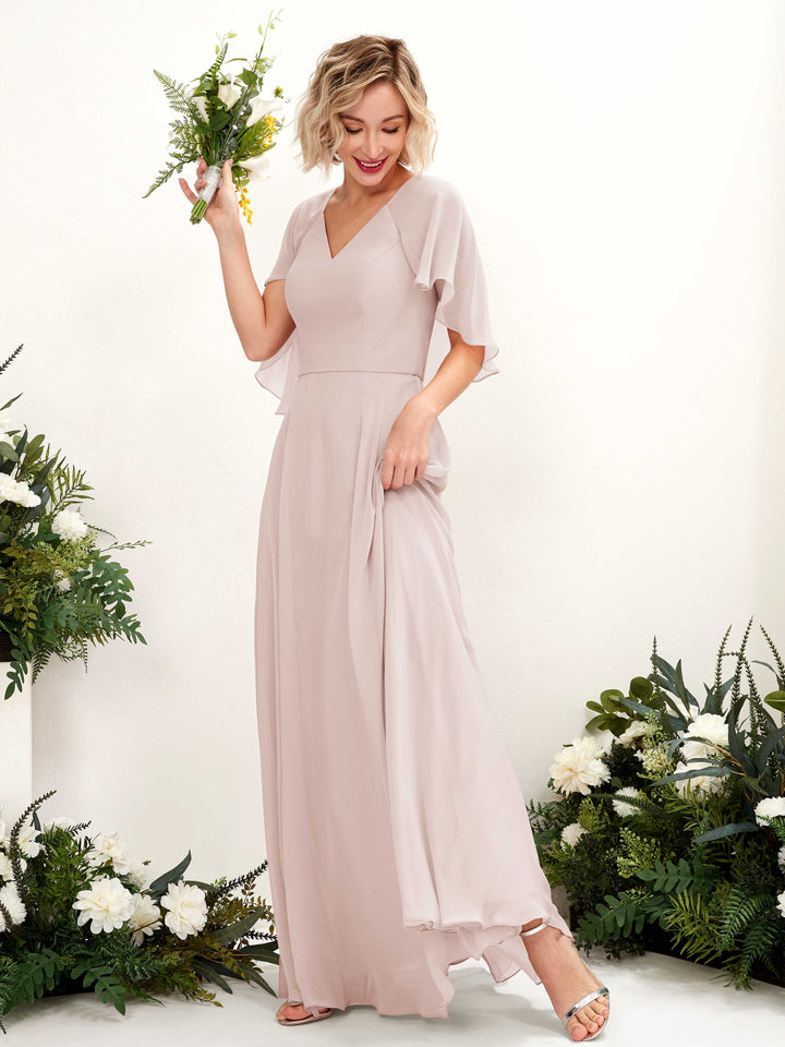 Carlyna Winnie A-Line Biscotti Bridesmaid Dress Maxi Short Sleeve V-Neck Dress 