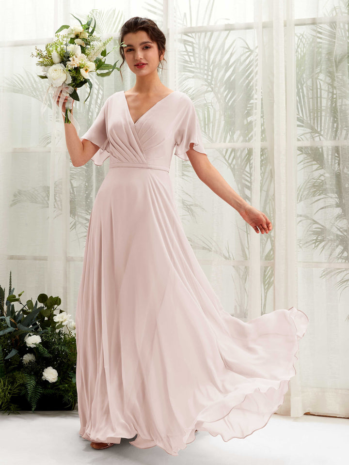 Carlyna Daphne A-Line Biscotti Bridesmaid Dress Maxi Short Sleeve V-Neck Dress 