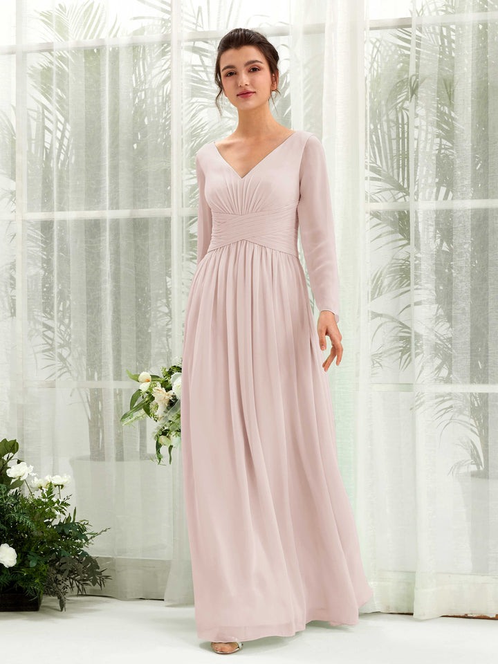 Ball Gown V-neck Long Sleeves Chiffon Bridesmaid Dress - Biscotti (81220335)