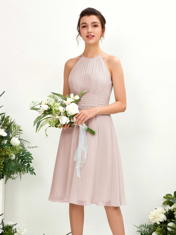 Halter Sleeveless Chiffon Bridesmaid Dress - Biscotti (81220135)