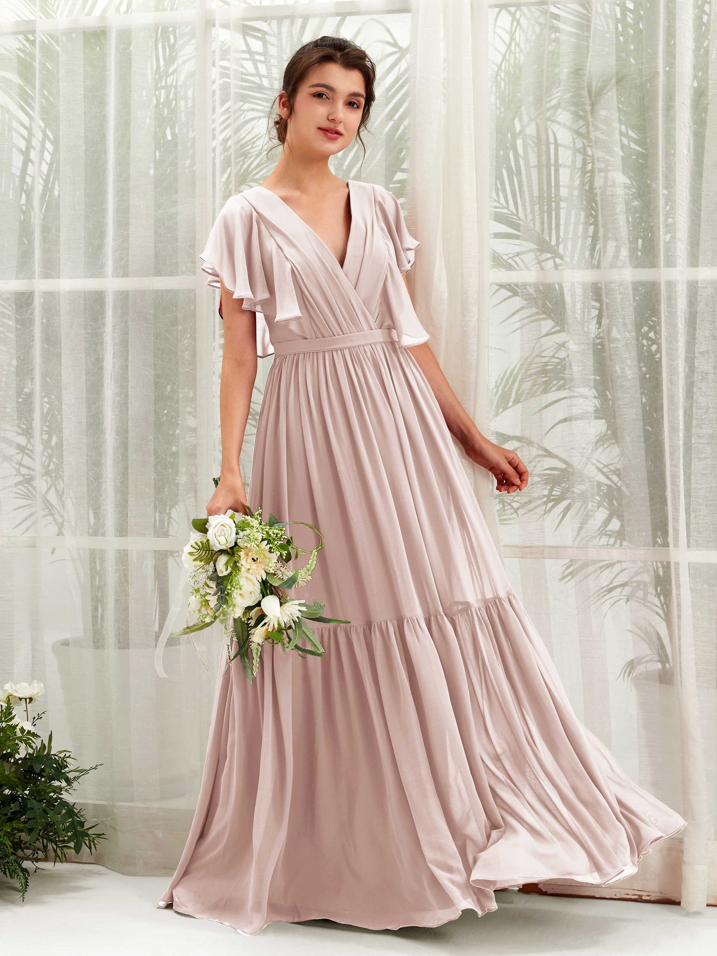 V-neck Cap Sleeves Chiffon Bridesmaid Dress - Biscotti (81225935)#color_biscotti