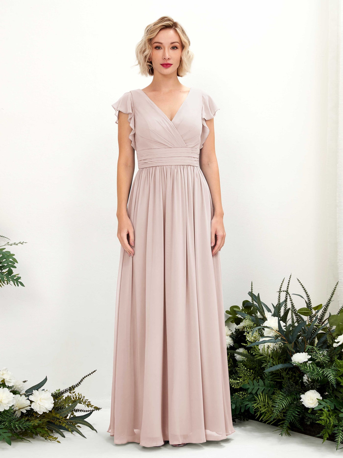 Carlyna Grino A-Line Biscotti Bridesmaid Dress Maxi Cap Sleeve V-Neck Dress #color_biscotti