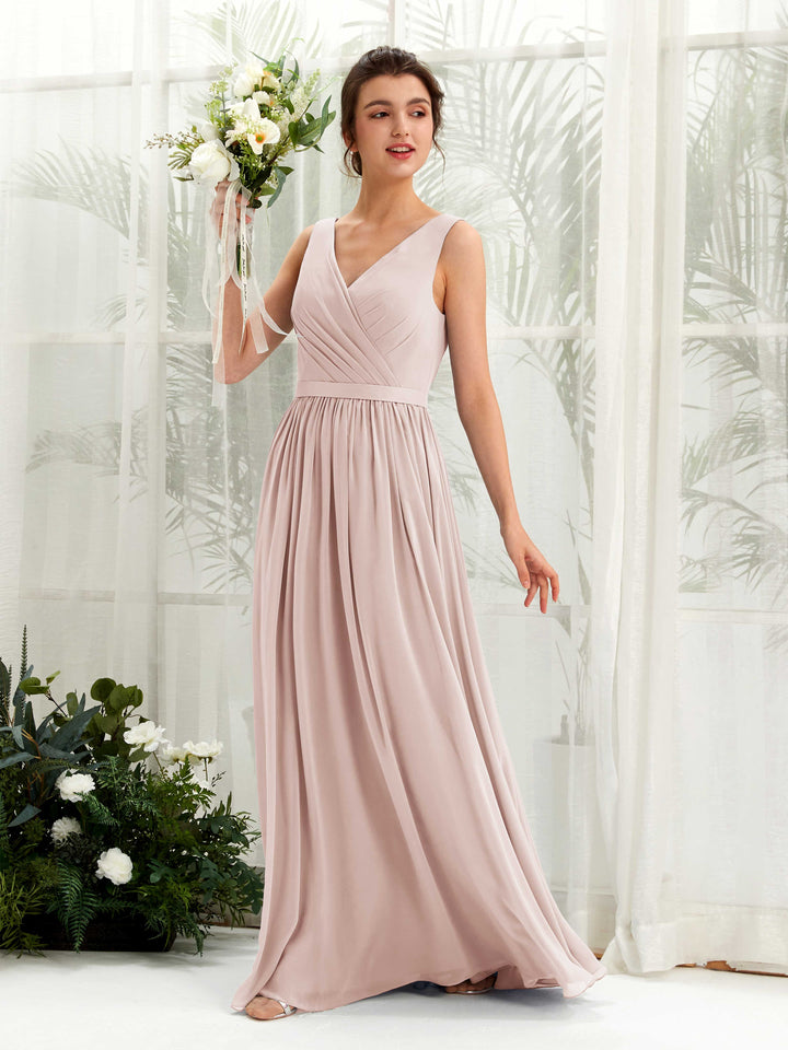 Carlyna Barbara A-Line Biscotti Bridesmaid Dress Maxi Sleeveless V-Neck Dress 
