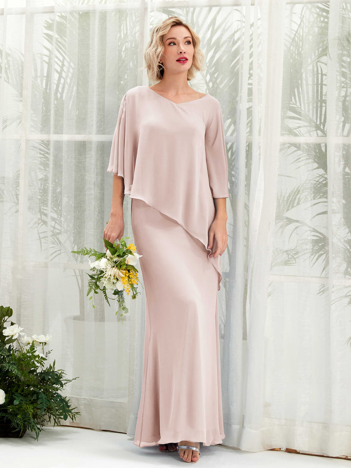 Carlyna Violaine A-Line Biscotti Bridesmaid Dress Maxi Three Quarter Sleeve V-Neck Dress 