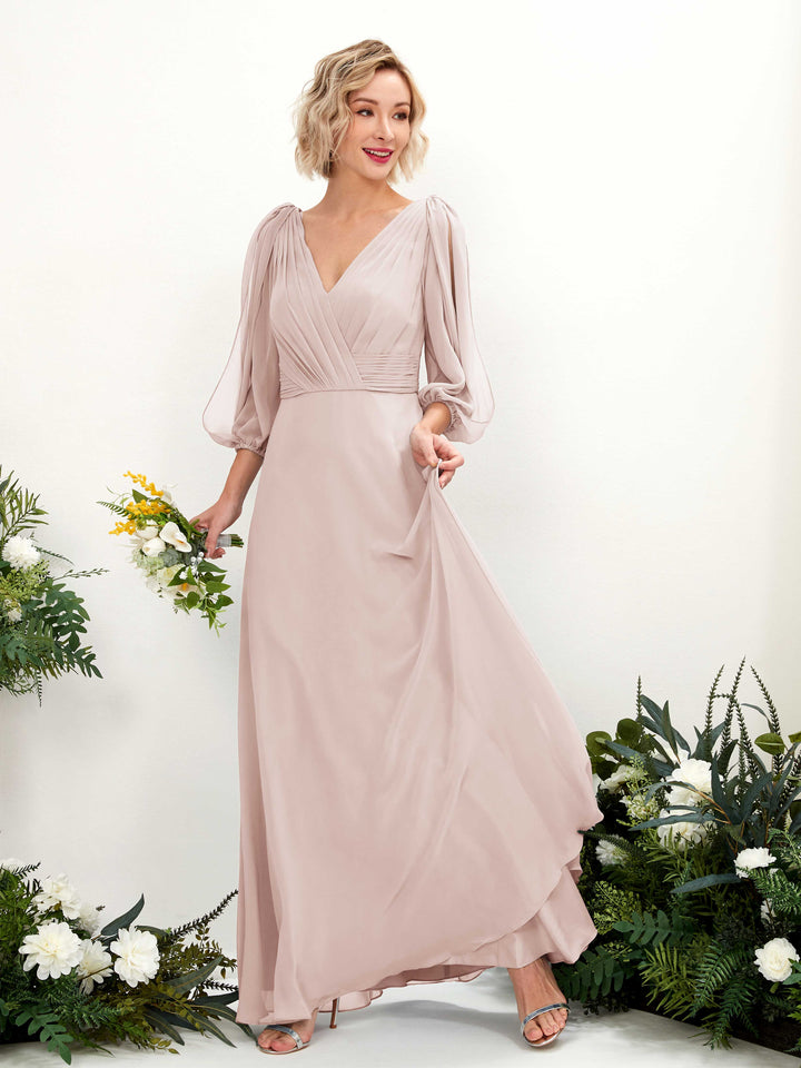 Carlyna Antonia A-Line Biscotti Bridesmaid Dress Maxi Three Quarter Sleeve V-Neck Dress 