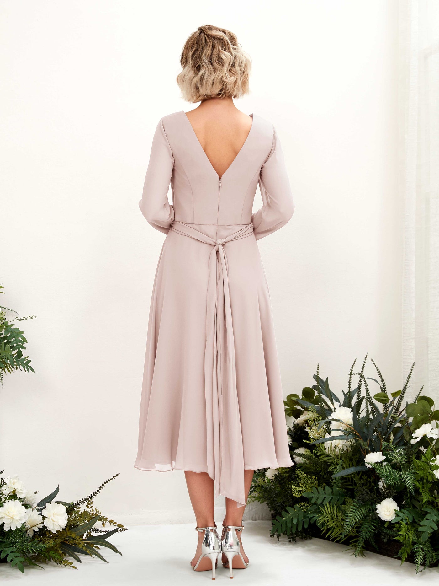 Carlyna Joanna A-Line Biscotti Bridesmaid Dress Midi Long Sleeve V-Neck  #color_biscotti