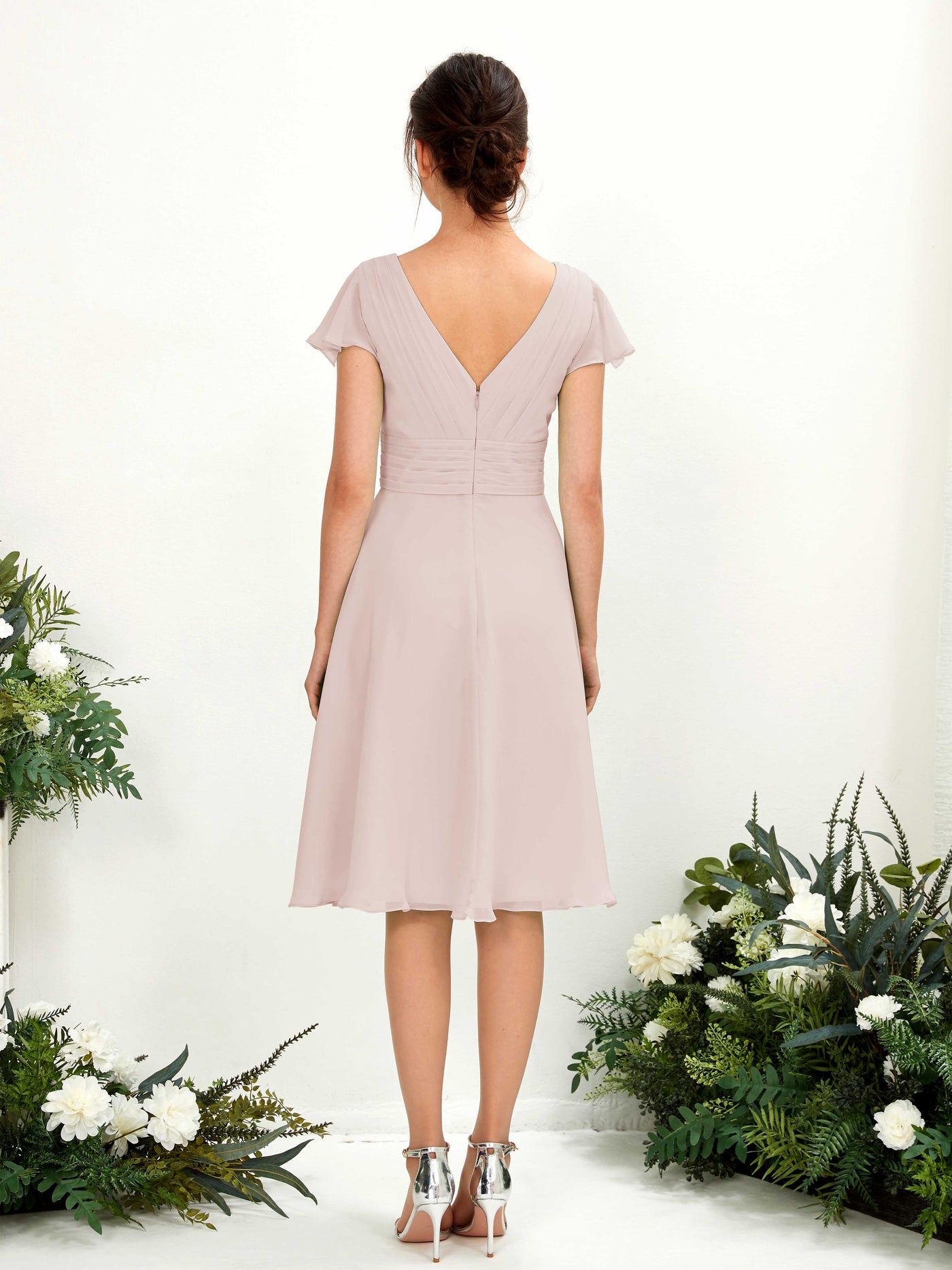 Carlyna Betty A-Line Biscotti Bridesmaid Dress Knee-Length Short Sleeve V-Neck Dress #color_biscotti