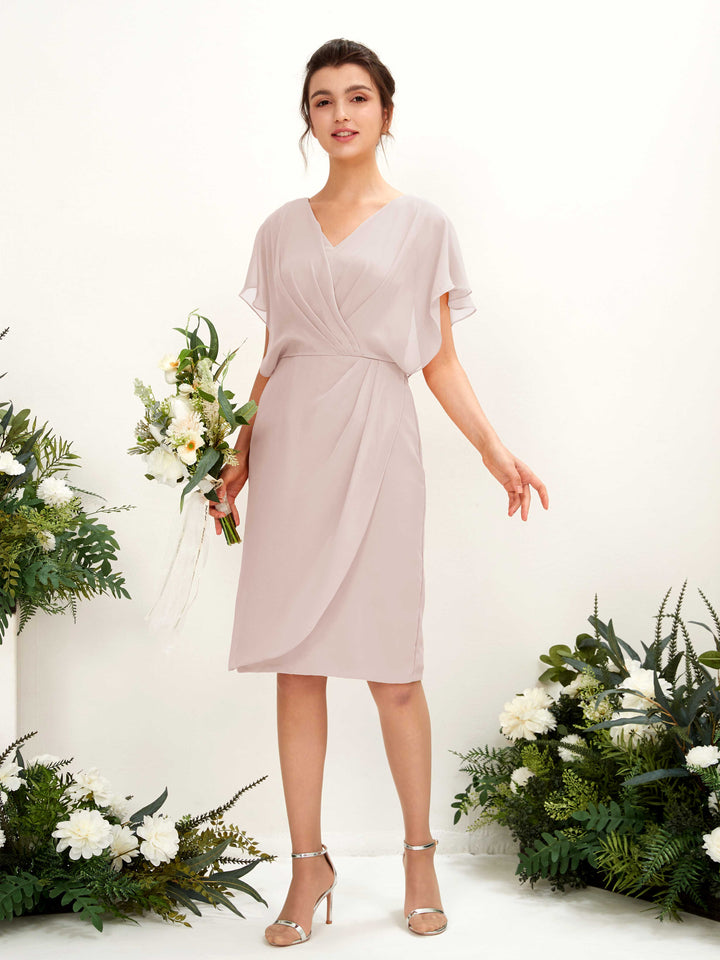 V-neck Short Sleeves Chiffon Bridesmaid Dress - Biscotti (81222235)