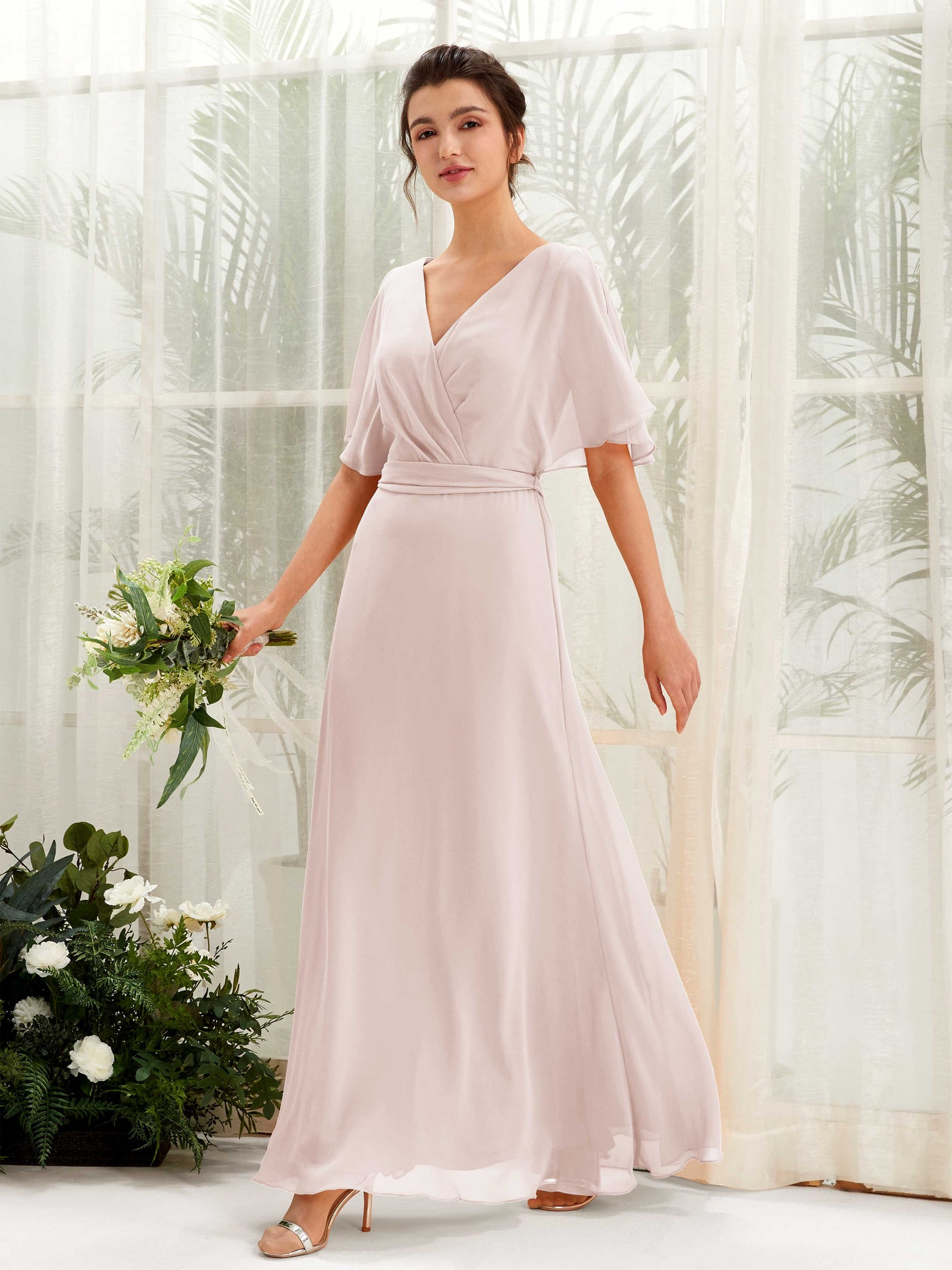 Carlyna Merta A-Line Biscotti Bridesmaid Dress Maxi Short Sleeve V-Neck Dress #color_biscotti