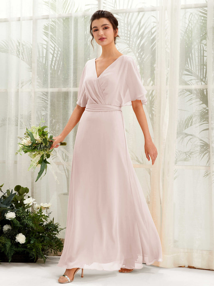 Carlyna Merta A-Line Biscotti Bridesmaid Dress Maxi Short Sleeve V-Neck Dress 