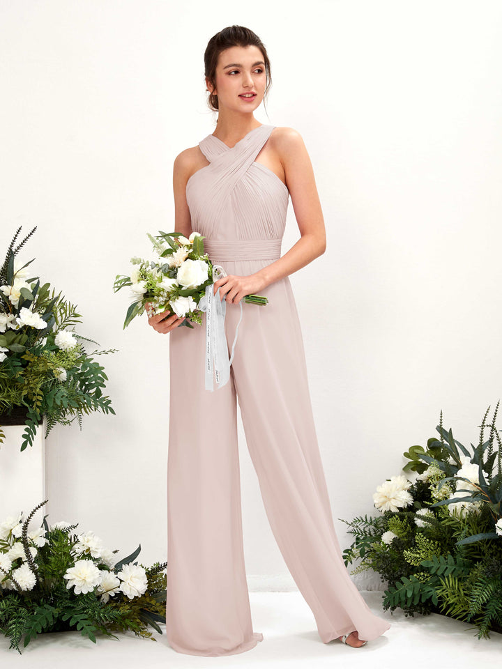 V-neck Sleeveless Chiffon Bridesmaid Dress Wide-Leg Jumpsuit - Biscotti (81220735)