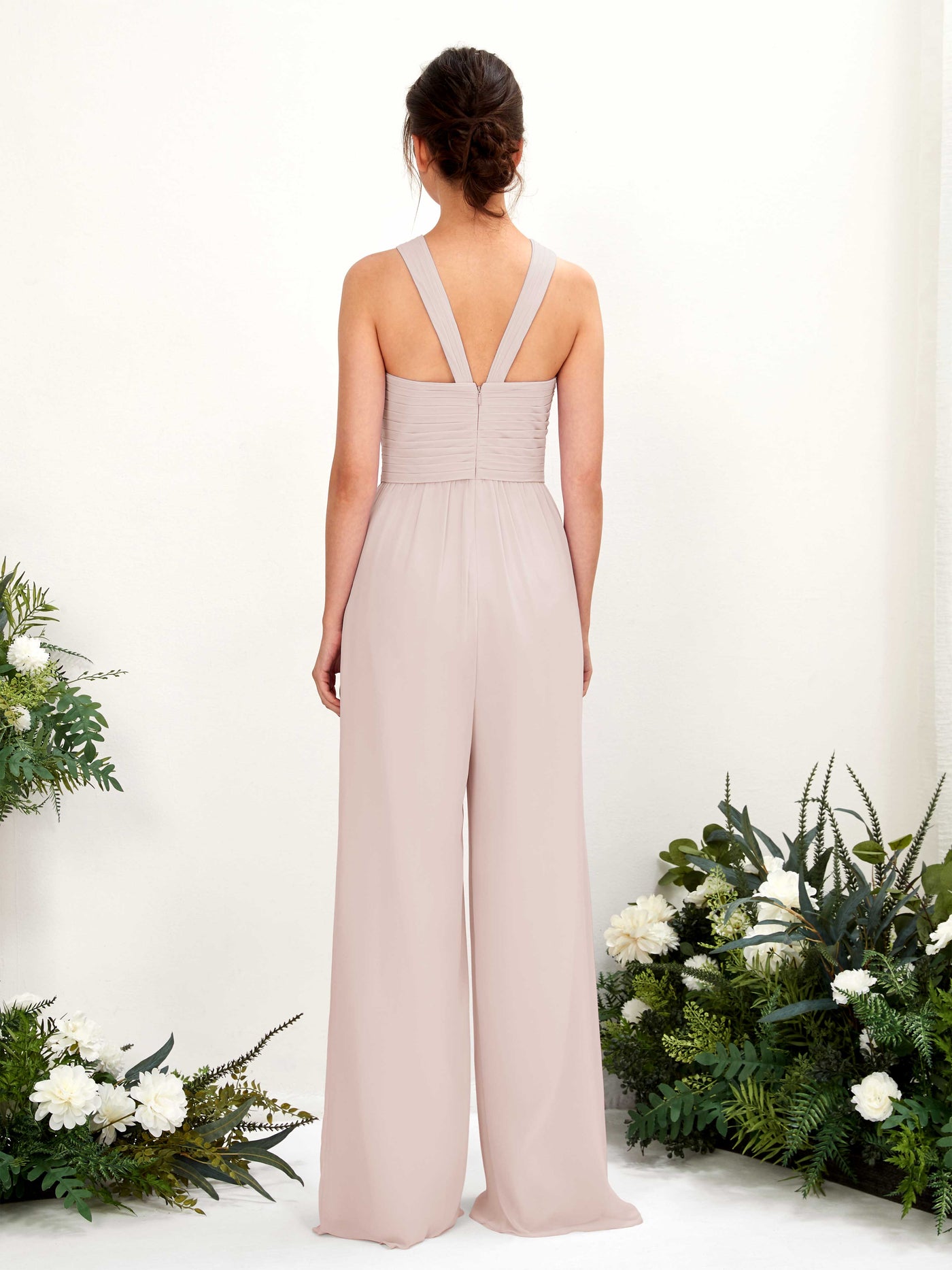 V-neck Sleeveless Chiffon Bridesmaid Dress Wide-Leg Jumpsuit - Biscotti (81220735)#color_biscotti