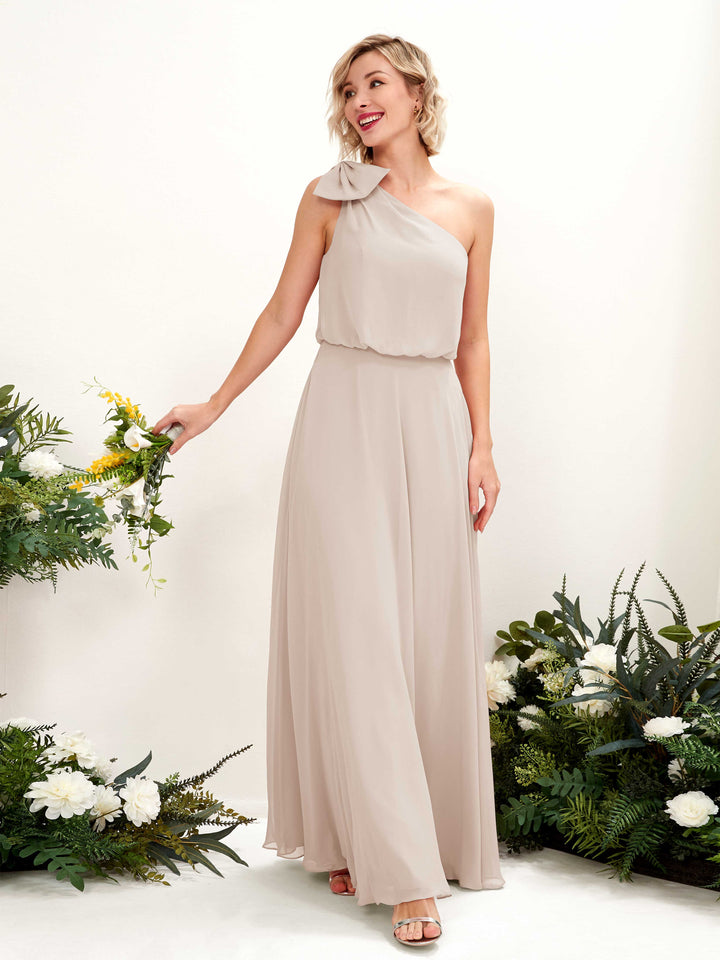 A-line One Shoulder Sleeveless Chiffon Bridesmaid Dress - Champagne (81225516)