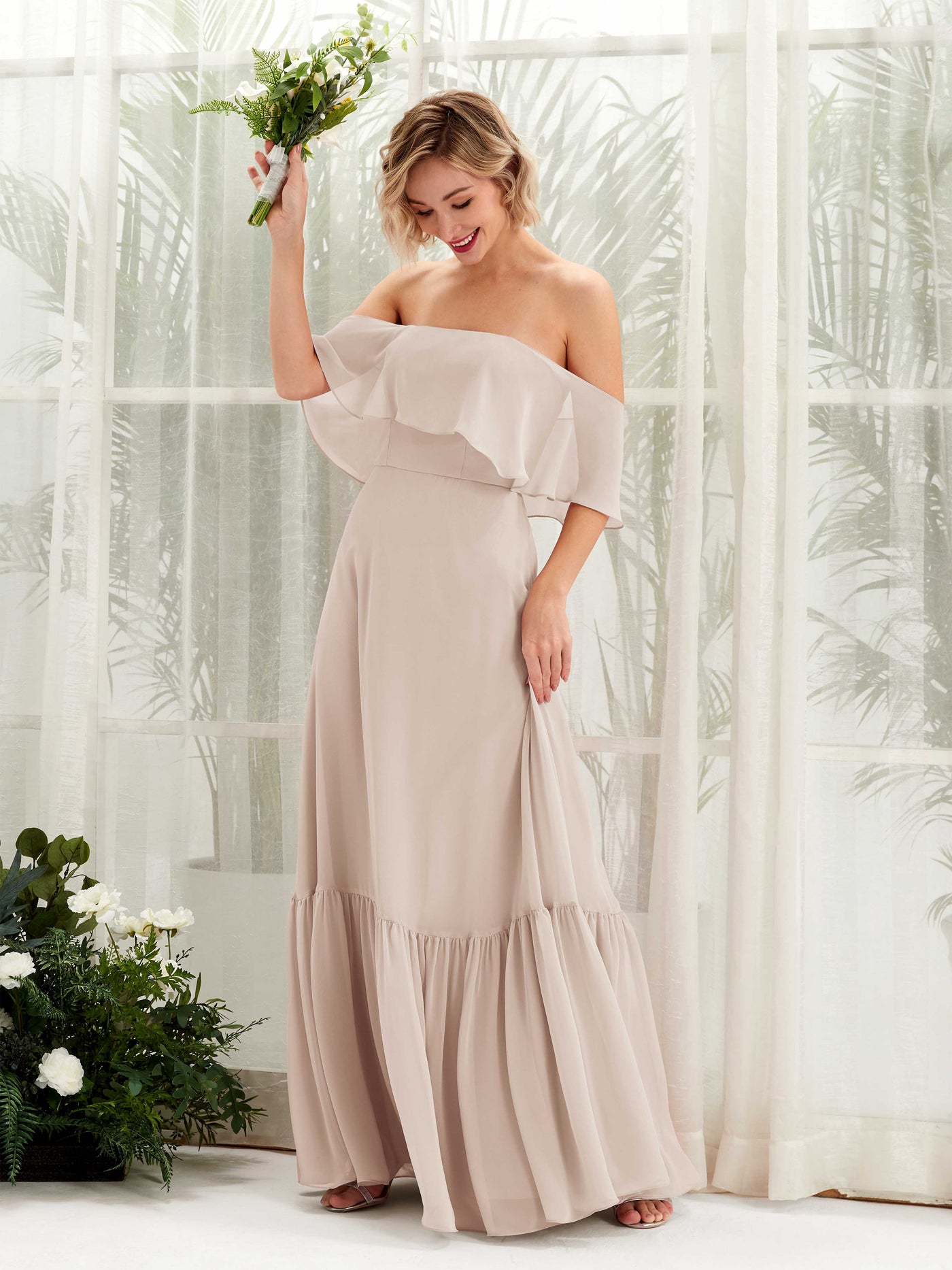 A-line Off Shoulder Chiffon Bridesmaid Dress - Champagne (81224516)#color_champagne