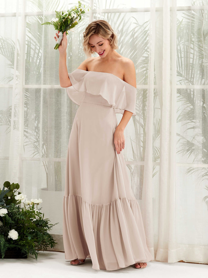 A-line Off Shoulder Chiffon Bridesmaid Dress - Champagne (81224516)