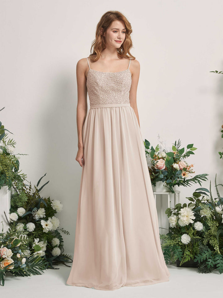 Champagne Bridesmaid Dresses A-line Open back Spaghetti-straps Sleeveless Dresses (83220116)