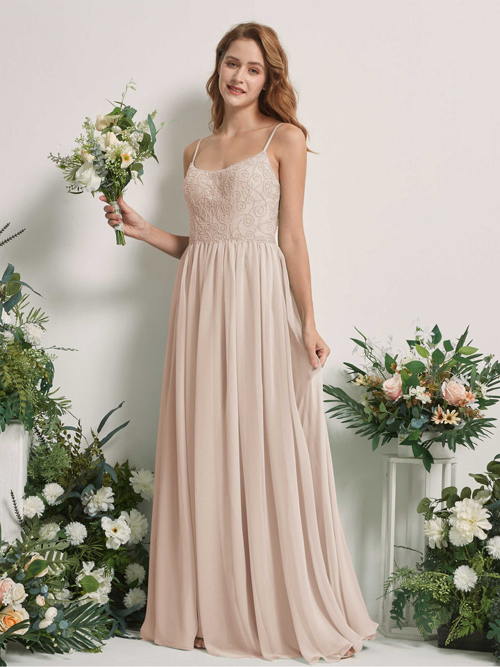 Champagne Bridesmaid Dresses A-line Spaghetti-straps Sleeveless Chiffon Dresses (83221216)