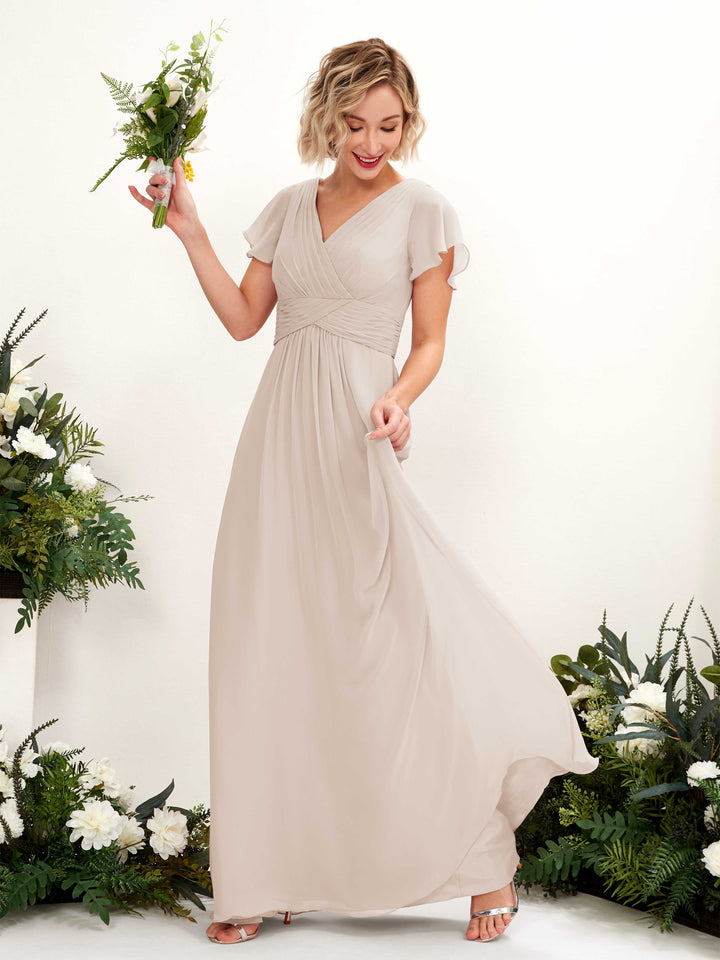 A-line V-neck Cap Sleeves Chiffon Bridesmaid Dress - Champagne (81224316)