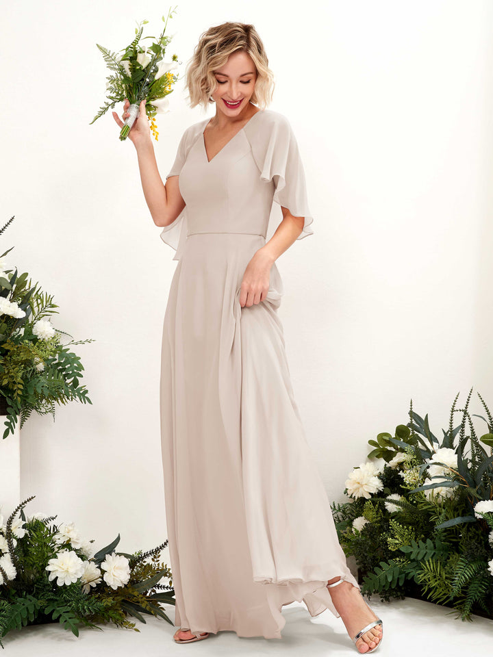 A-line V-neck Short Sleeves Chiffon Bridesmaid Dress - Champagne (81224416)