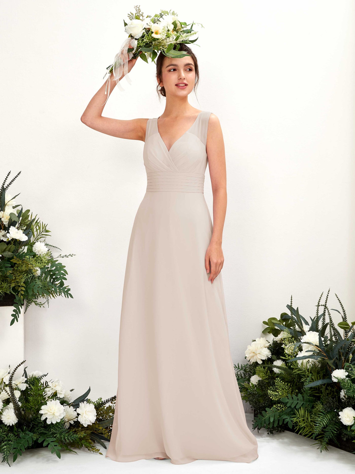 Carlyna Karen A-Line Champagne Bridesmaid Dress Maxi Sleeveless V-Neck Dress #color_champagne